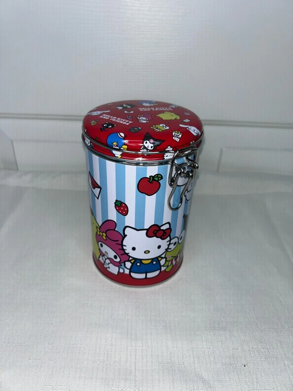 Hello Kitty & Friends Red Blue & White Striped Character Round Storage Tin